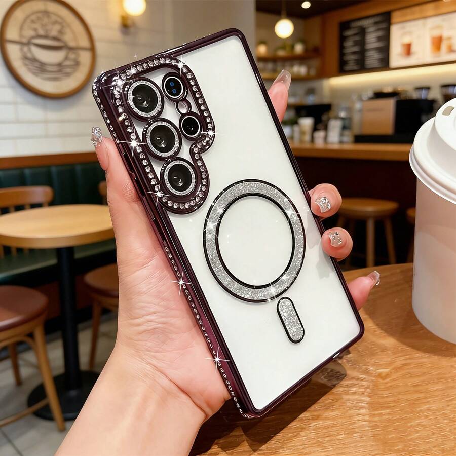 适用于三星 Galaxy A17 A56 A36 A26 A16 A55 A35 A25 A15 A34 A54 A14 A05S 的奢华水钻边框手机壳，适用于 S25 24 23 S22 Ultra S24FE S25Edge 的时尚磁吸软壳，镶嵌式优雅手机配件，时尚情侣款，国际版，非国内版