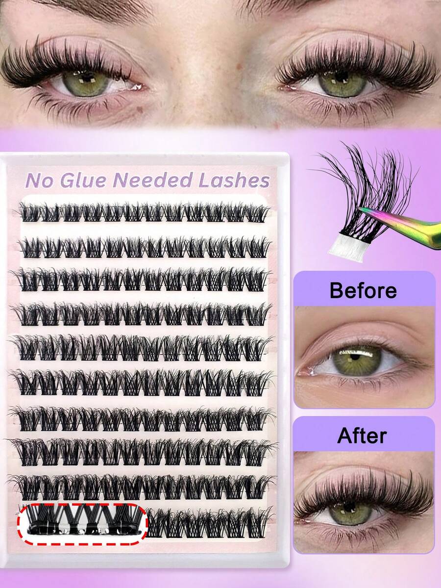 120片免胶可重复使用自粘蓬松猫眼假睫毛，8-16mm混合长度套装，簇状假睫毛，预粘蓬松睫毛延长，自然纤长D卷猫眼假睫毛，免胶防卸妆假睫毛 - 黑色 - 查看 1