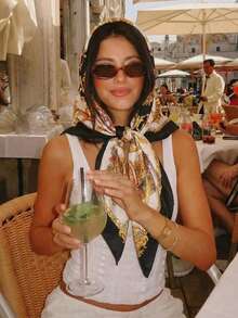 1条2026春夏新款女士时尚链条印花方巾，轻盈透气，简约百搭，适合四季使用。 - 黑色 - 查看 5