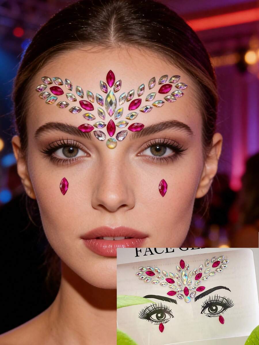 (1pc/2pcs) Two-Tone Resin Rhinestone Face Gems, Fuchsia & Iridescent Resin Rhinestone Inlay, Personalized Gems For Makeup, Masquerade, Holidays, Carnival, Party, Waterproof & Long-Lasting, Y2K Style - Multicolor - View 1