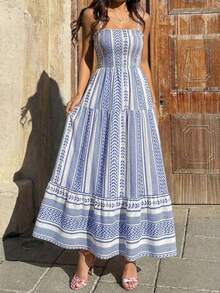 Đầm maxi Vuslat dành cho nữ, kiểu dáng bohemian lãng mạn, họa tiết hoa nhí, dây đeo điều chỉnh được, viền bèo nhún, phù hợp cho đi làm hàng ngày, hẹn hò buổi tối, đám cưới, tiệc sinh nhật - Thanh lịch và quyến rũ, mùa xuân/hè. - Màu xanh lam - Xem 3