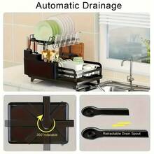 No-Installation Draining Dish Rack, Foldable All-In-One Dish Rack, Thickened Carbon Steel Dish Rack, Multi-Functional Household Storage Rack With 360° Water-Guiding Drainage Tray, Knife Holder - 查看 3