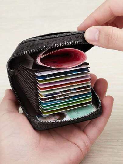 Cartera de bolsillo de viaje minimalista y moderna de cuero genuino con estampado de litchi, con múltiples compartimentos para tarjetas, efectivo y documentos, ideal como regalo para mujeres, hombres y maestros. Incluye correa ajustable para llevar como bolso de hombro o cruzado.