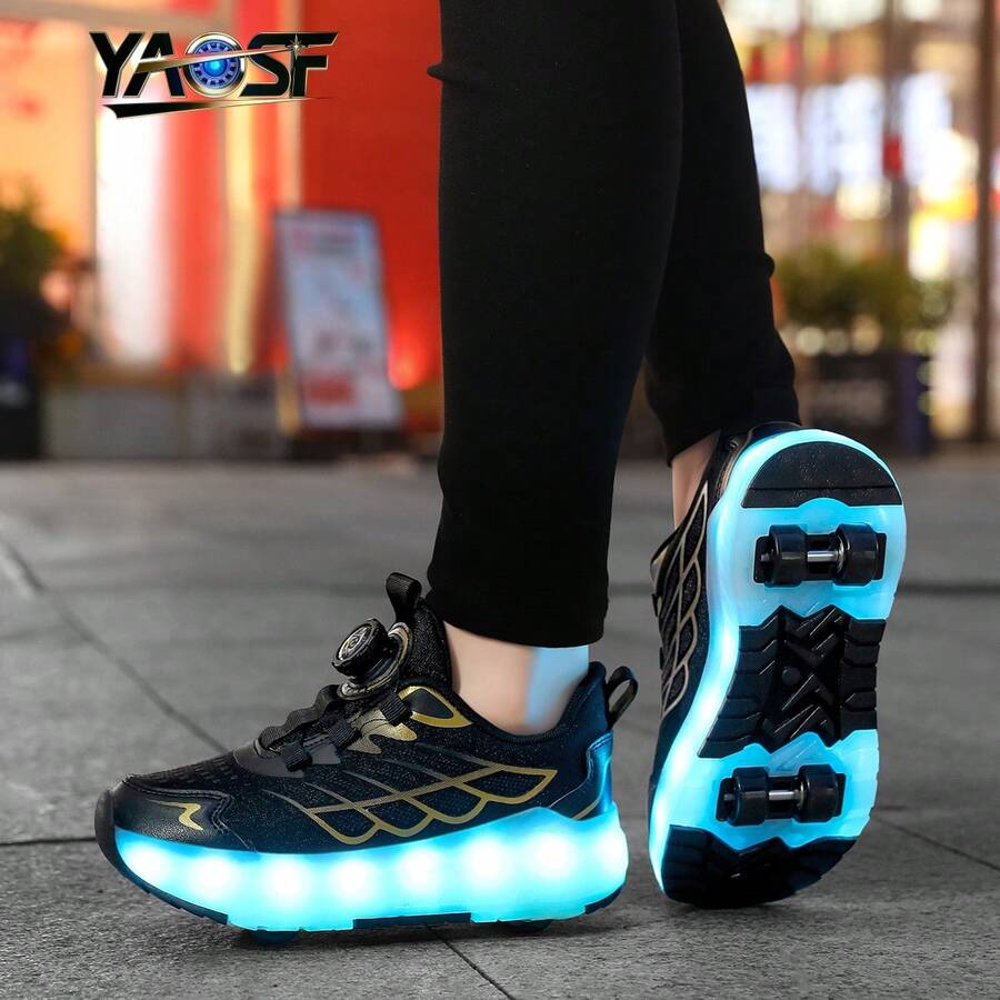 YAOSF Giày trượt patin LED phát sáng, giày bánh xe tiên tiến phù hợp cho trẻ em và thanh thiếu niên, phiên bản nâng cấp với bánh xe có thể thu gọn, đèn chiếu sáng thời trang, giày thể thao ngoài trời, giày phát sáng nhiều màu sắc dành cho cả nam và nữ.