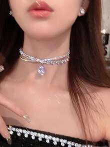 欧美创意珍珠水钻水滴花朵项链，法式优雅奢华锁骨链，女士独特晚礼服时尚项链 - 彩色 - 查看 5