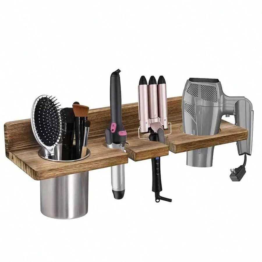 Multi Functional Wooden Wall Mounted Hair Tool Storage Container, Suitable For Hair Dryers, Curling Irons, Straighteners, Brush Holders, Bathroom Accessories, And Beauty Salon Storage Tools - Brown - View 1