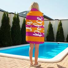 1条沙滩巾 - 亮粉色和橙色条纹，“甜蜜生活”印花，适合旅行、露营、游泳池、海滩等场合。 - 1pcs - 查看 3