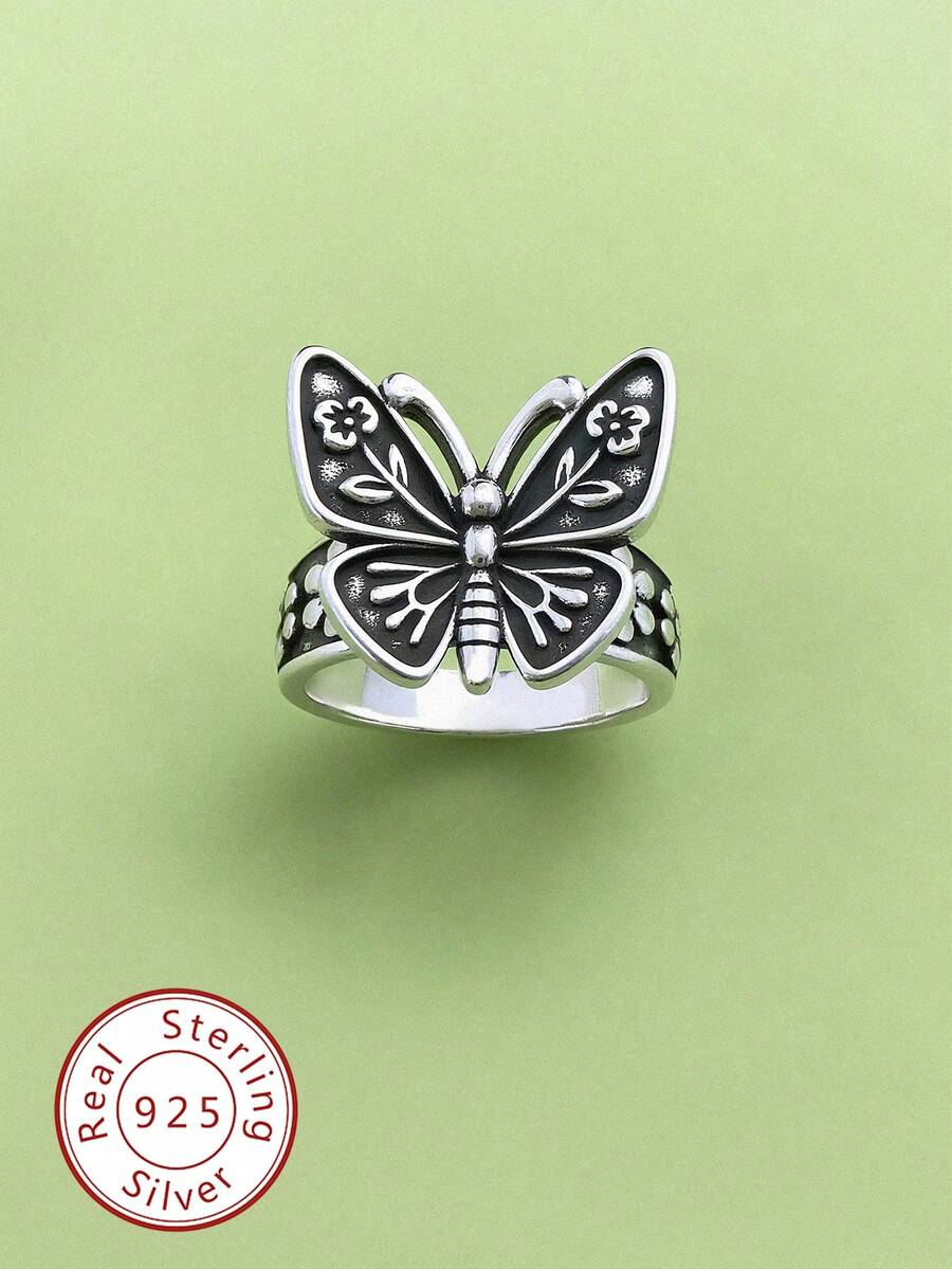 1 pieza Anillo de flor de mariposa de plata de ley 925 minimalista y único, regalo de joyería exquisita para mujeres