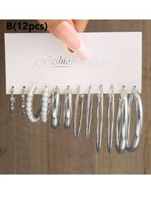 12-24 piezas Conjunto de aretes de perlas falsas de moda, aretes de aro anchos trenzados de metal geométricos, adecuados para vacaciones, fiestas, citas, uso diario - Plateado - Ver 3