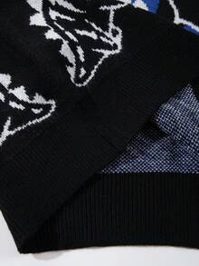 Plus Size ANDREILEE Men's Street Style American Personalized Dinosaur Print Black Long Sleeve Crew Neck Sweater, Casual Loose Fit Pullover Knit Top, Suitable For Spring, Autumn And Winter - Black - View 8