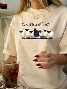 Camiseta de manga corta con cuello redondo con gráfico de oveja "Es genial ser diferente". Camiseta de mujer de estilo minimalista y lindo patrón, casual y versátil, adecuada para el uso diario y de vacaciones. Verano - Albaricoque - Ver 2