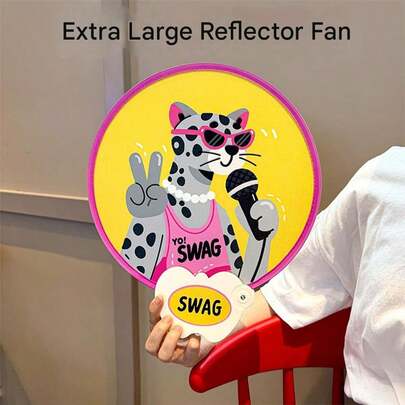1个大号可折叠手持风扇，带反光板，便携式夏季降温风扇，男女老少皆宜，适合户外活动、音乐会、节日、派对等场合，可爱卡通印花手持风扇，适合露营、旅行、海滩等活动。