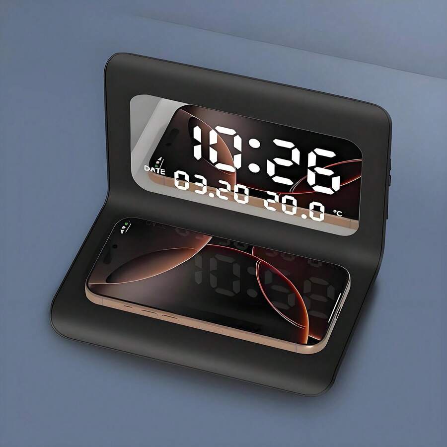 三合一无线充电器，带时间温度显示和闹钟功能，适用于卧室和书桌，支持快速充电，兼容 17 Air 17e 16 15 14 13 12 11 Pro Max/Mini/Plus/XR/X/8，兼容 Apple ID 2/3/4/Pro/Pro 2，兼容三星 S26/S25/S23/S22/S21/S20，兼容 Galaxy Buds。 - 黑色 - 查看 1