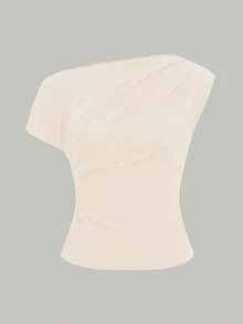 Atasan Crop Satu Bahu Elegan, Basic Kasual, Unik, dan Menawan untuk Ukuran Plus, Blus Bahu Asimetris Seksi Pas Badan untuk Musim Panas - Aprikot - View 6
