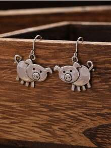 Vintage Boho Style Pig Shaped Pendant Earrings - Copper Earring Hooks, No Inlays, Lightweight For Daily Wear And Gift, Suitable For All Seasons And Festivals - Antique Silver - View 6