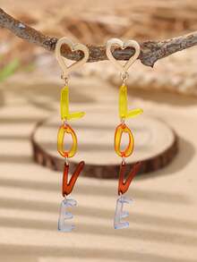 A Pair Of Personalized Acrylic Multi-Layer "LOVE" Letter Heart-Shaped Earrings, Suitable For Ladies To Wear Both Daily And On Special Occasions. - Multicolor - View 1