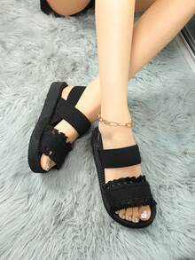 Women's Fashion Rhinestone Embellished Flat Casual Slippers, Suitable For Beach, Travel, Daily Wear, Summer - Black - View 2