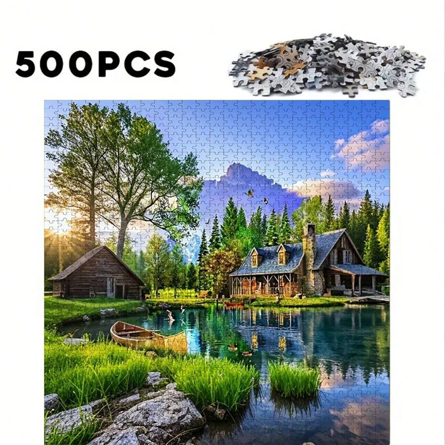 500片成人拼图 - 林中小屋主题，DIY家居装饰，家庭互动游戏，益智挑战礼物，50x50厘米/19.7x19.7英寸，便携/适合初学者