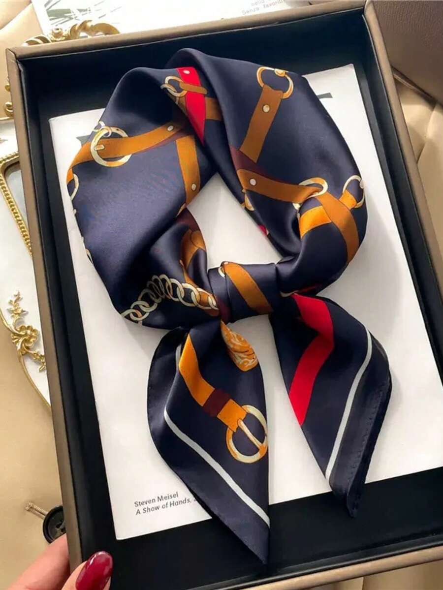 1条佩斯利印花仿丝70厘米方形围巾，男士方巾，多功能颈巾，防晒 - 藏青鏈條 - 查看 1