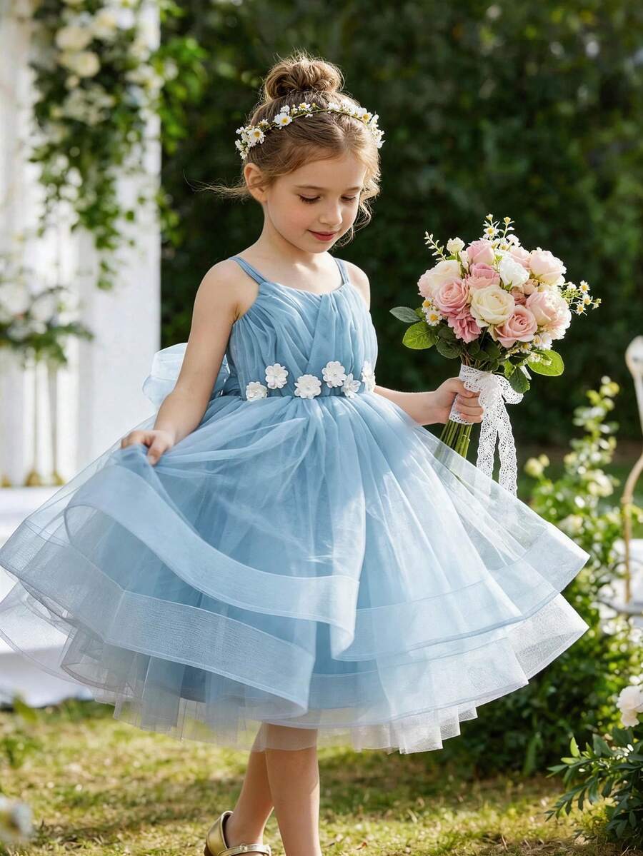 小女孩吊带立体花朵3D网纱浅蓝色公主裙，优雅礼服，适合女孩生日派对、晚宴、婚礼花童等场合。 - 淺藍色 - 查看 1