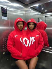 Valentines Day Essential, Bestie/Couple Matching, Women's Double-Layer Hooded Long Sleeve Sweatshirt With Pockets, One Size Fits All, Fleece Lining For Warmth, Slogan Letter Print, Suitable For Autumn, Winter & Spring, Versatile For Vacation/School/Home/Daily/Streetwear/Photo Shoots, Minimalist/Y2K/Casual/Collegiate/Streetwear/Office/Cute/, Valentine's Day/New Year/Easter/Ramadan, Women's Autumn Clothing, Women's Winter Clothing, Valentine's Day Outfit, New Year Women's Clothing Combo, Fashionable Printed Hoodie, Women's Hooded Sweatshirt - Red - View 1