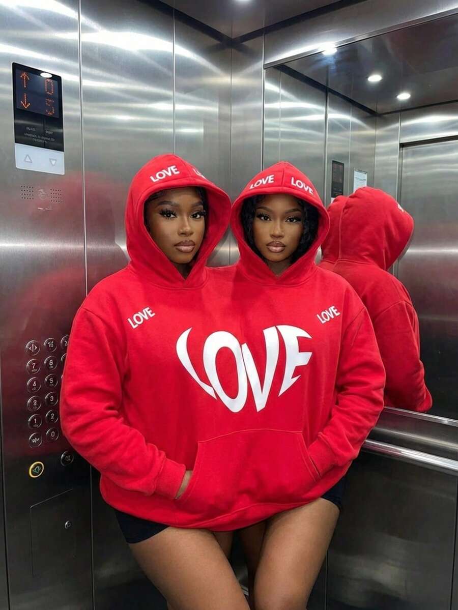 Valentines Day Essential, Bestie/Couple Matching, Women's Double-Layer Hooded Long Sleeve Sweatshirt With Pockets, One Size Fits All, Fleece Lining For Warmth, Slogan Letter Print, Suitable For Autumn, Winter & Spring, Versatile For Vacation/School/Home/Daily/Streetwear/Photo Shoots, Minimalist/Y2K/Casual/Collegiate/Streetwear/Office/Cute/, Valentine's Day/New Year/Easter/Ramadan, Women's Autumn Clothing, Women's Winter Clothing, Valentine's Day Outfit, New Year Women's Clothing Combo, Fashionable Printed Hoodie, Women's Hooded Sweatshirt - Red - View 1
