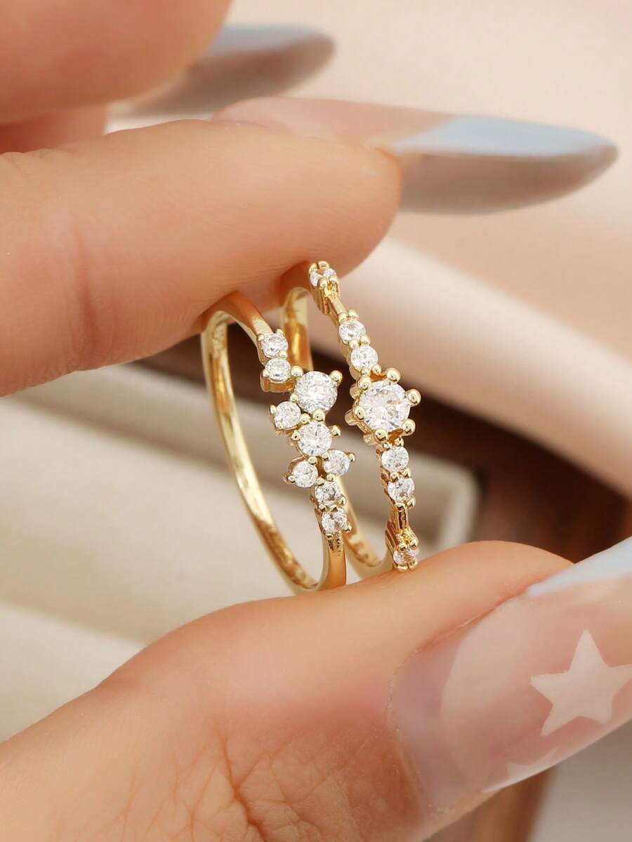 2pcs Elegant Rhinestone Decorated Ring Set, Fashionable Rings For Women, Suitable For Daily Wear - الذهبي - مشاهدة 1