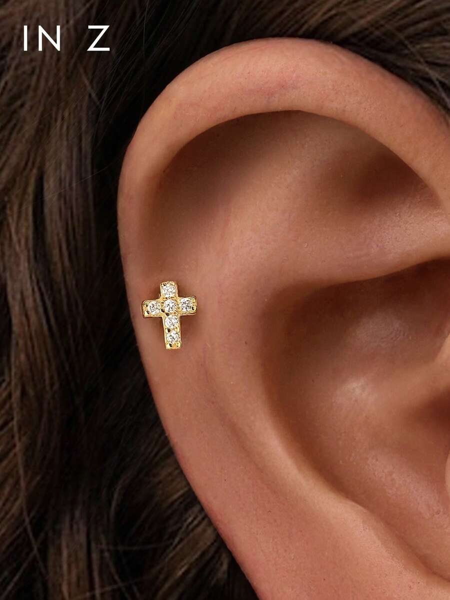 IN Z 1件装925纯银镶嵌十字架平底唇钉 | 精致耳钉 | 可叠戴耳环 | 十字架耳环 | 925纯银饰品 | 适合女性日常佩戴 | 单件出售（非一对） - 多色 - 查看 1