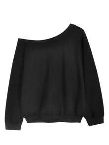 YCYC Vintage Flag Print Wide Neck Asymmetric Shoulder Sweatshirt Loose Fit Slimming Casual Top For Women - Black - View 4