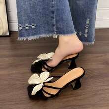 Women's High Heel Sandals, 2026 Spring/Summer New Arrival, Faux Butterfly Flower 3D Design, Fashionable Open Toe High Heel Slide Sandals, Elegant & Versatile - Black - View 5