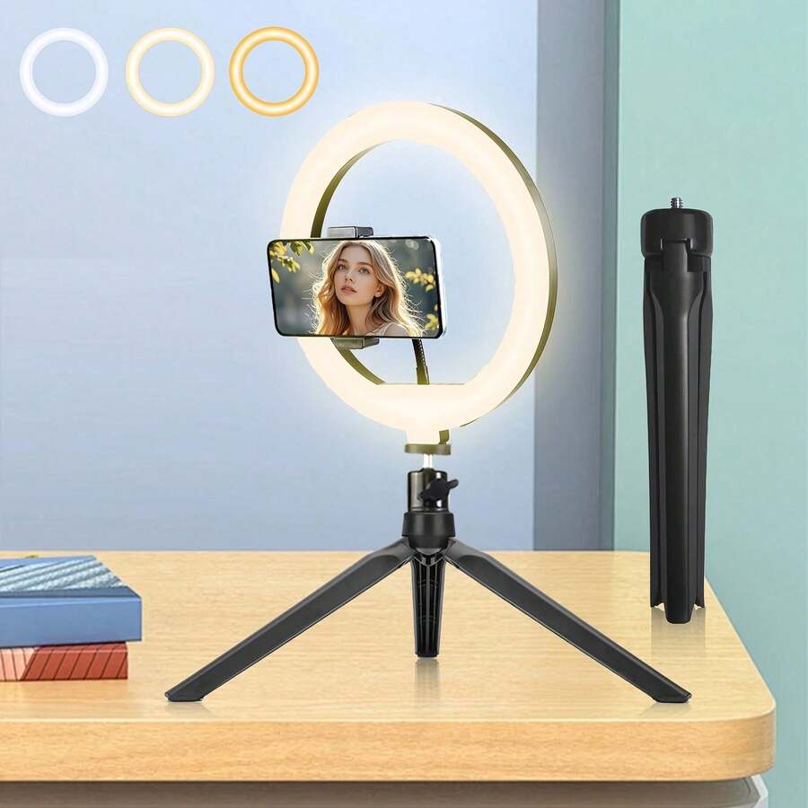 10-Inch Selfie Ring Light, Tabletop Lighting For Live Streaming, Photography, Makeup, Dimmable Circular Soft Light With Phone Holder - Black - View 1