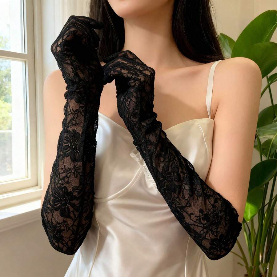 1 đôi găng tay opera ren hoa hồng, chất liệu ren co giãn, dài quá khuỷu tay, thích hợp cho cô dâu trong đám cưới, tiệc tùng trang trọng, trang trí biểu diễn. - Nhiều màu - Xem 1