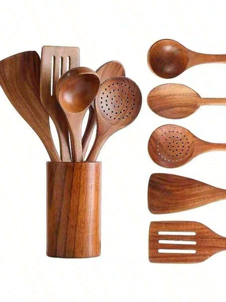 Bộ dụng cụ nấu ăn bằng gỗ hoàng dương tự nhiên cao cấp - gồm thìa xới, rây cơm, muỗng canh, rổ lọc và muỗng nấu ăn, thích hợp cho nhà bếp, quà tặng Giáng sinh. - Xem 1