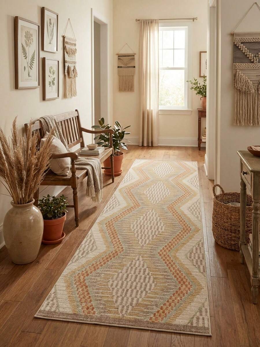 1pc Vintage Geometric Rhombus Retro Pattern Area Rug/Carpet/Bath Mat/Door Mat/Runner, Suitable For Bathroom, Kitchen, Entryway, Hallway, Bedside, Living Room, Bedroom, Machine Washable, Home Decor - Multicolor - View 1