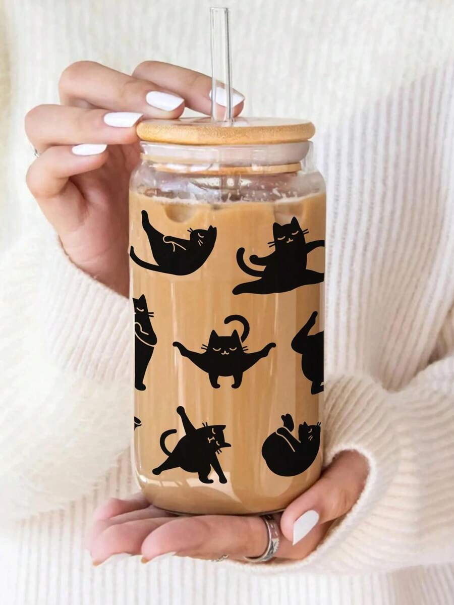 1pc Cute Yoga Cat Pattern Glass Cup With Lid And Straw, Drinkware, Funny, Novelty, Great For Holidays, Souvenirs, Home & Office - Multicolor - View 1