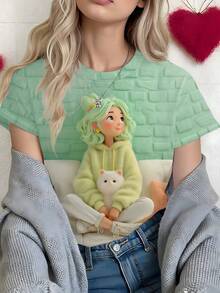 女士夏季休闲圆领短袖简约T恤 - 彩色 - 查看 2