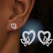 两件套，时尚优雅的心形蝴蝶耳环，母亲节礼物，派对饰品，送给亲朋好友的绝佳礼物 - 銀色 - 查看 1