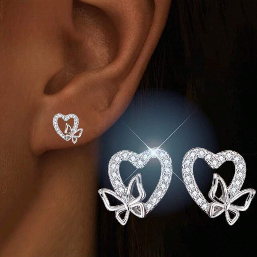 两件套，时尚优雅的心形蝴蝶耳环，母亲节礼物，派对饰品，送给亲朋好友的绝佳礼物 - 銀色 - 查看 1