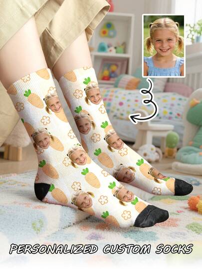 1 Pair Of Christmas Design Customized Face Children's Front Printed Mid Tube Socks, Boy's And Women's Couple Socks, Personalized With Photos, Funny Couple Socks, Comfortable And Breathable, Creative Cartoon Design, Perfect Holiday, Birthday, Valentine's Day Gifts, Funny, Crazy, Anime, Multi-Color Socks