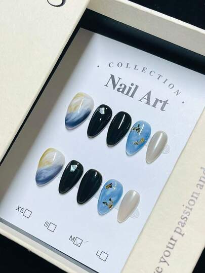 1package/10pcs-Elegant Cloudy Ombre Press On Nails | Gold Flake Accent Black False Nails