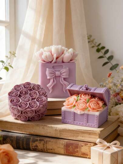 Rose Flower Shaped Candle Silicone Mold - Gift Box Bouquet Handbag Cylinder Floral Ball - 3D Embossed - For Handmade Soap Plaster Resin - DIY Candle Cup Decor - Recommended For Valentine's Day Birthday Gift - Mold For Home Wedding Decoration
