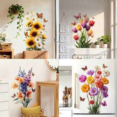 1/4 Set Floral Wall Stickers, Removable & Reusable Sunflower, Tulip, Butterfly Decals For Living Room, Bedroom, Refrigerator, Botanical Art Aesthetic Natural Decor