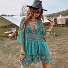 New V-Neck Lace Embroidered Sunscreen Outfit, Sexy Bikini Swimsuit, Beach Cover For Women - Màu vàng - Xem 2
