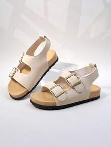 Girls' Beige Suede Double Buckle Sandals, Open Toe Cork Footbed Summer Shoes For Kids - Apricot - View 3
