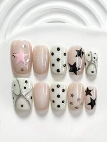 10pcs Silver Polka Dot Glitter Manicure Set, Including Gel Nail Kit, Black Polka Dots, Pink Stars, Black Stars, Silver Stars Nail Decorations, White Nail Polish, Dark Silver Nail Polish, With Manicure Tools (1 Jelly Sticker + 1 Nail File), Suitable For Square, Short Square, Almond Nails, Suitable For Daily, Party, Spring/Summer, Work, Party, Photo Shoot, Etc. - 彩色 - 查看 14