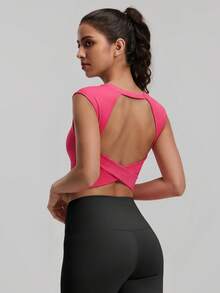NcmRyu 1pc Women Crew Neck Criss-Cross Back Elastic Sports Tank Top - Hot Pink - View 6