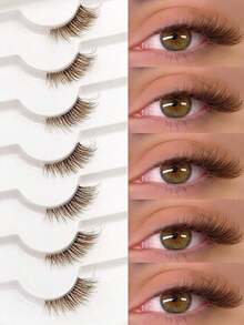 7 Pairs Asiteo Brown Half-Strip False Eyelashes, Natural Thin Cat Eye Style, Fluffy & Soft, Transparent Lash Band, Short Half-Strip Fake Lashes, Strip Eyelashes, Eyelashes, False Eyelashes - 黑色 - 查看 1