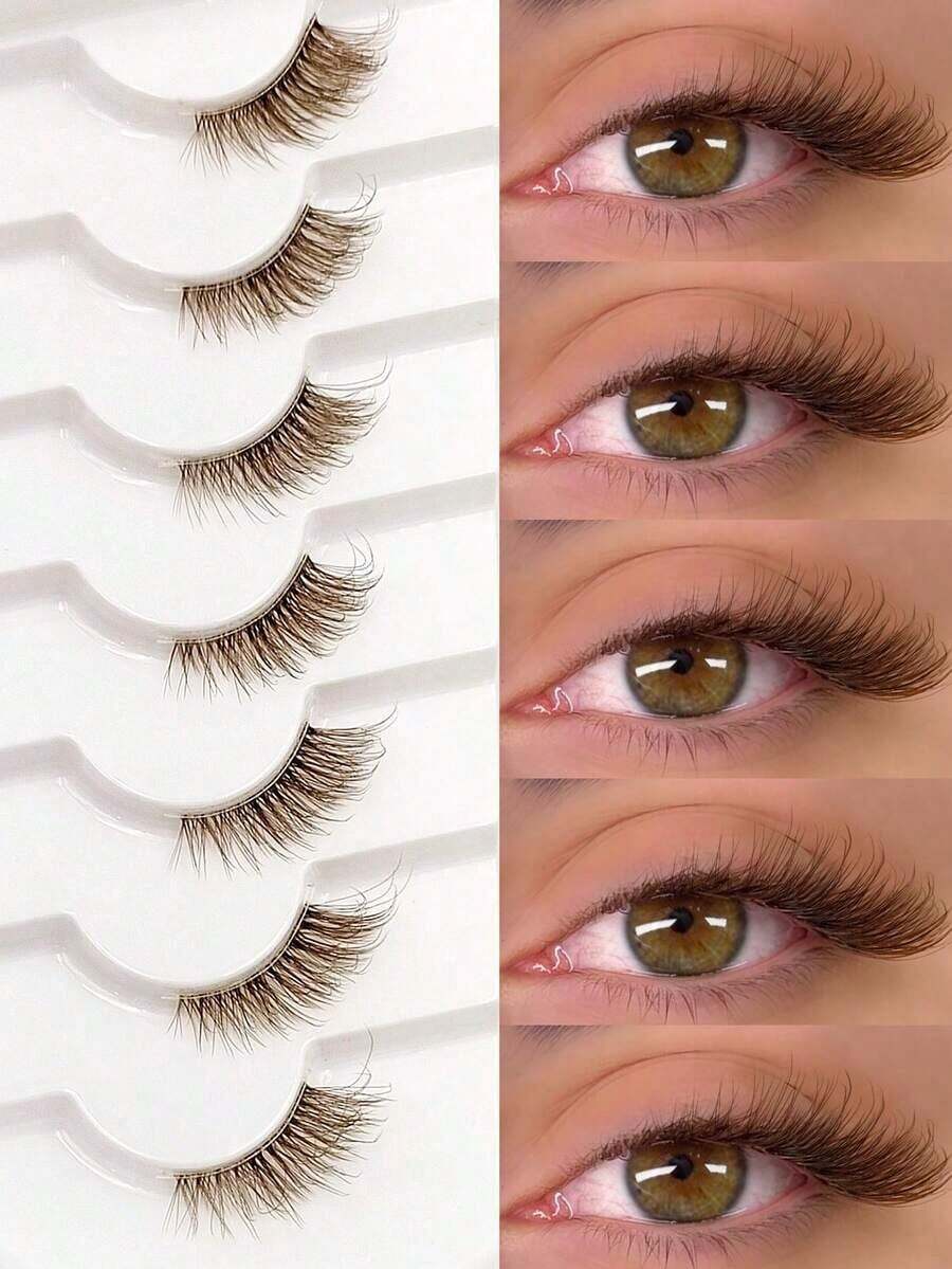 7 Pairs Asiteo Brown Half-Strip False Eyelashes, Natural Thin Cat Eye Style, Fluffy & Soft, Transparent Lash Band, Short Half-Strip Fake Lashes, Strip Eyelashes, Eyelashes, False Eyelashes - 黑色 - 查看 1