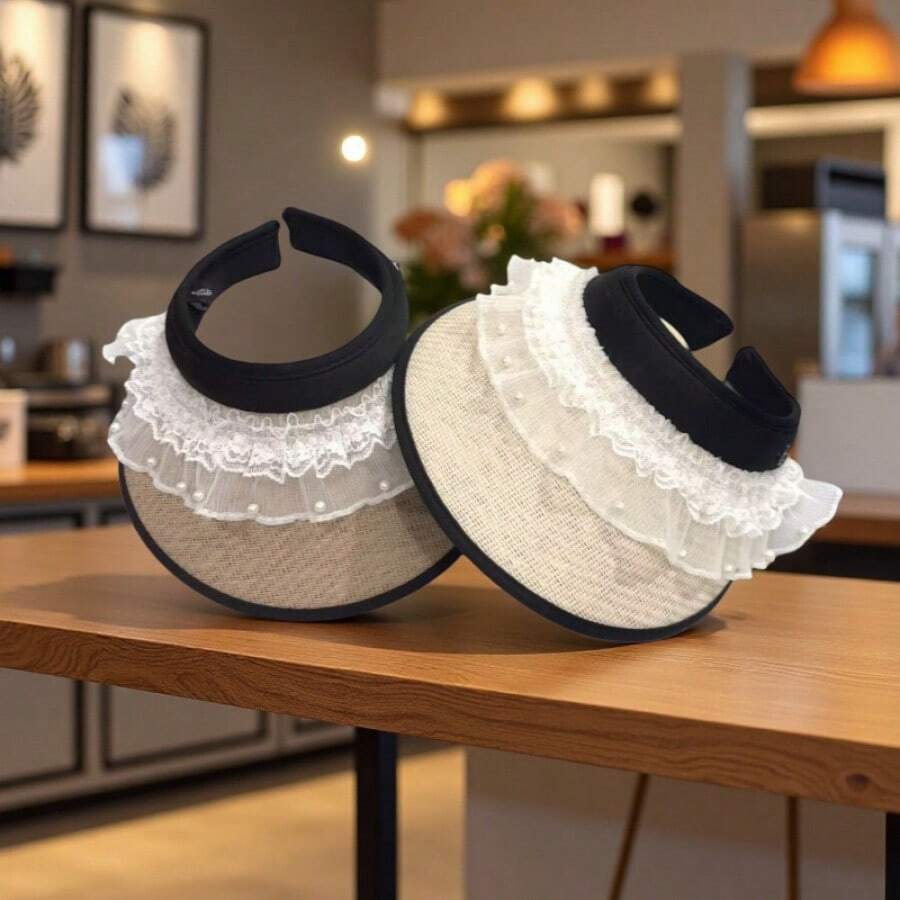 New Women's Summer White Sun Hat, Lace Bow Sun Hat With Black Coating And Wide Brim, Women's Summer Sun Hat - Lace Sun Hat - View 1