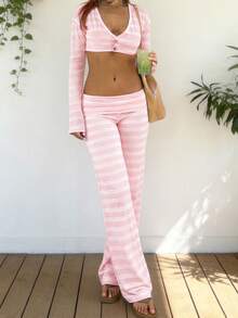 Women Y2k Fold Over Yoga Pants Lounge Striped Straight Leg Bottoms Low Rise Stretchy Trousers - 粉色 - 查看 8
